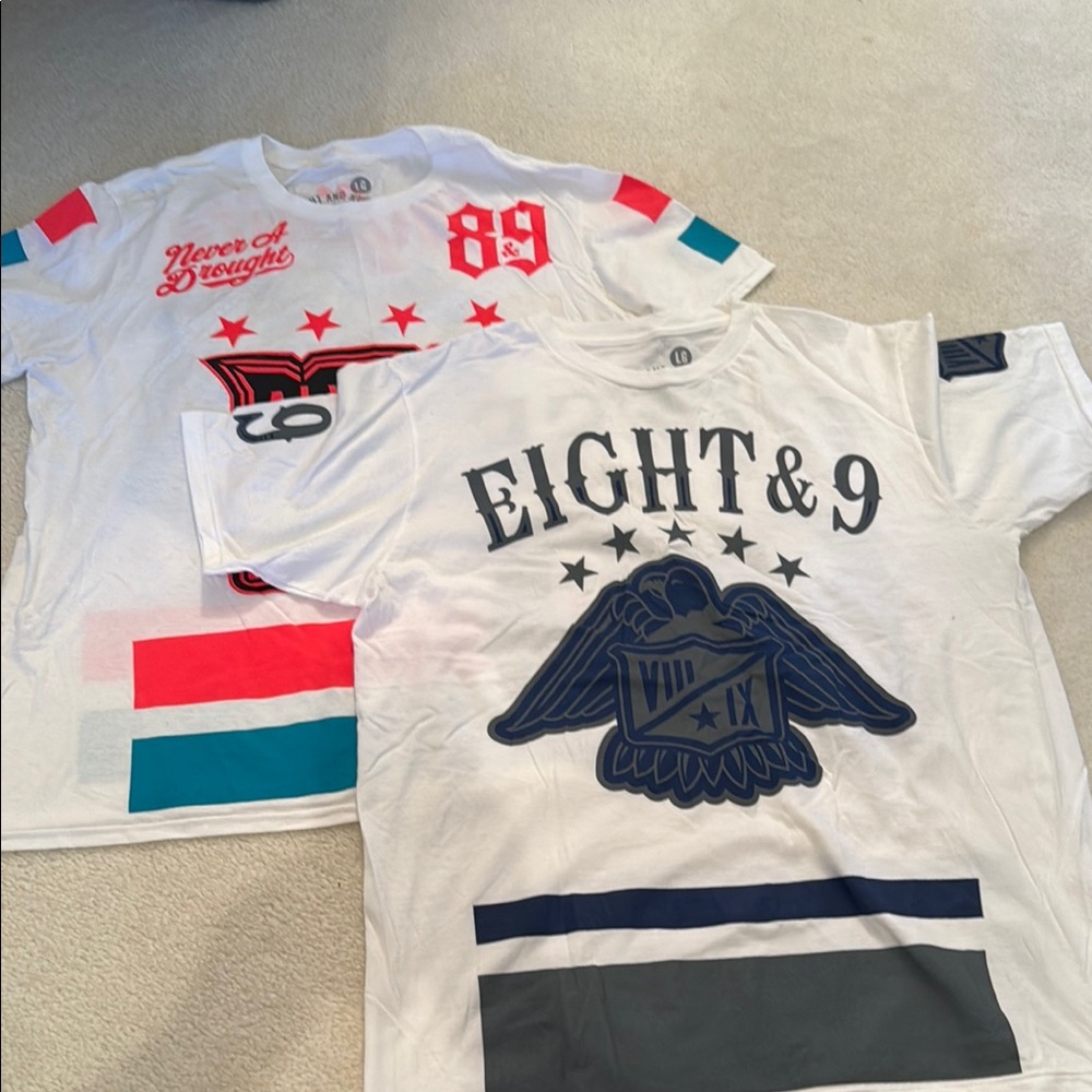 Men’s 2 Shirt Bundle White and Blue & Neon Orange and Teal Graphic T-Shirts